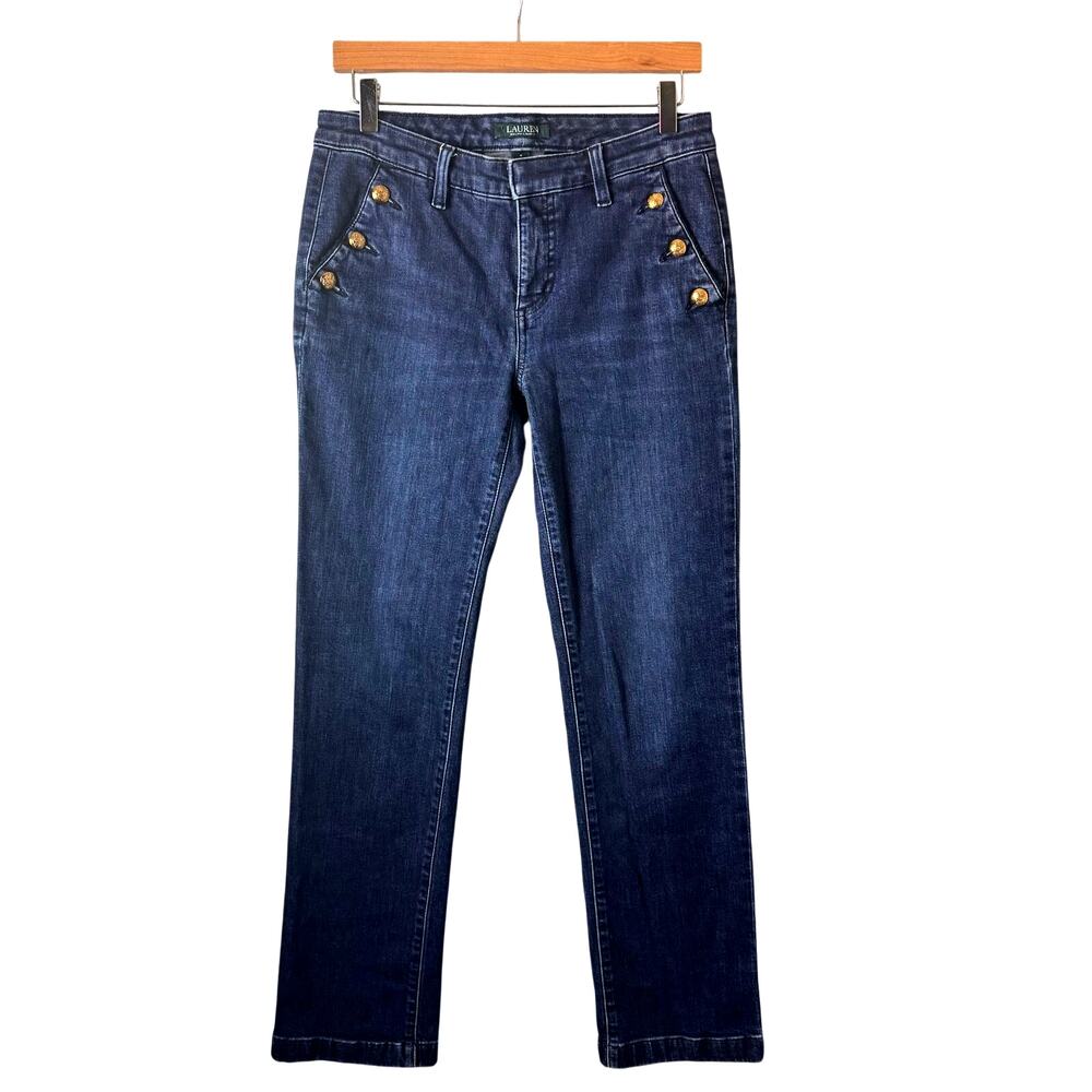 Ralph Lauren Dark Wash denim jeans Women’s 29 gold-tone sailor buttons Preppy